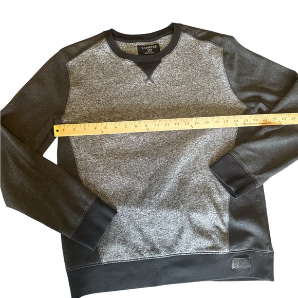 Express Men’s Medium Sweatshirt Crewneck Gray and Black Faux Leather Shoulders - Picture 7 of 9